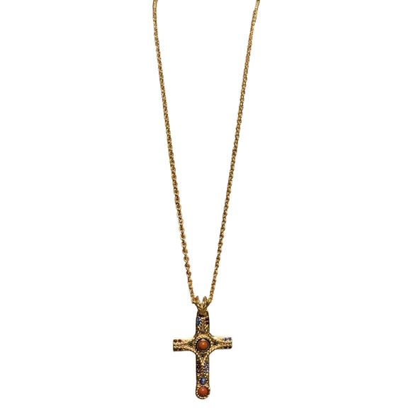 Camrose & Kross JBK Cross Necklace Gold w/ Blue & Red Stones/Crystals 20 Inches - Picture 5 of 12